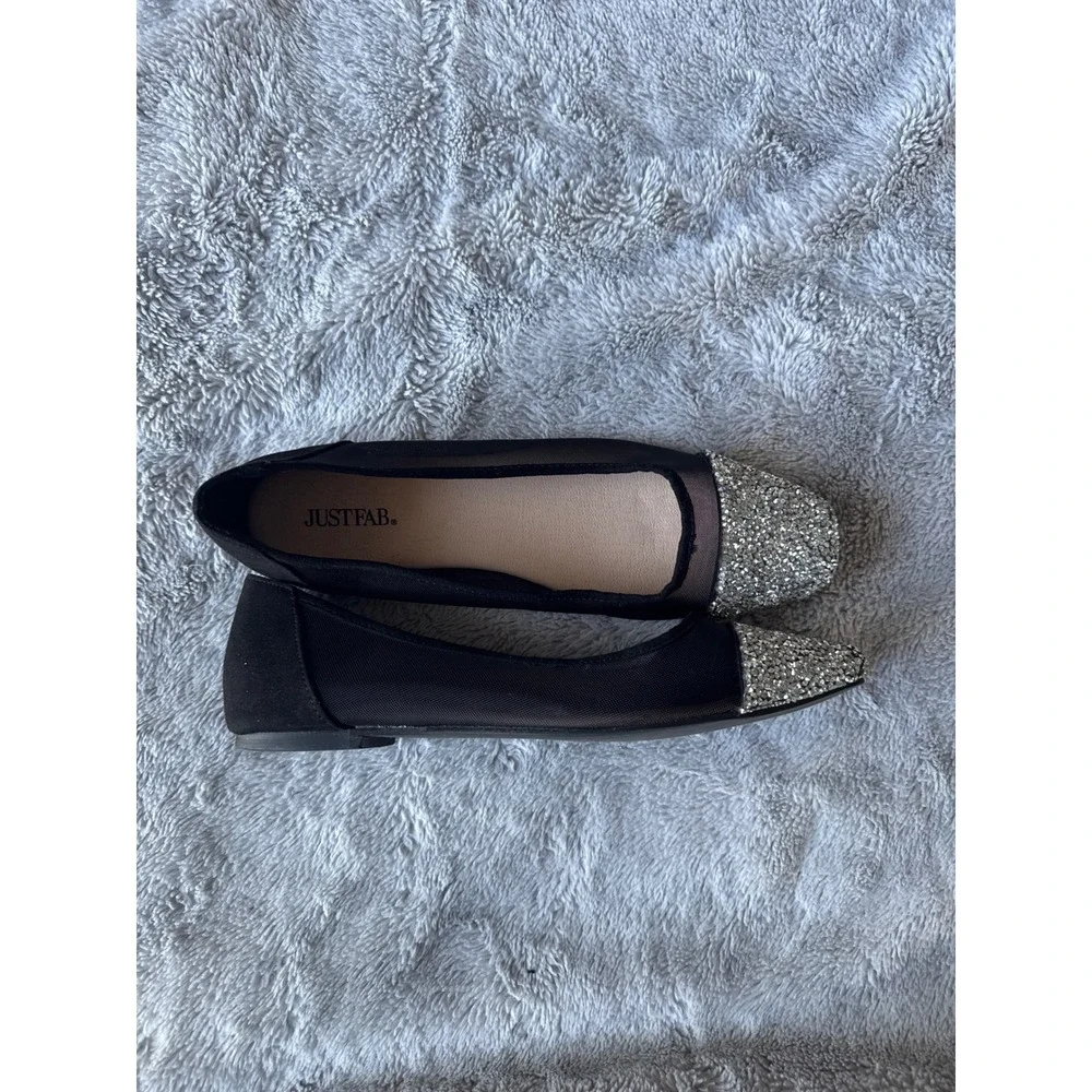 JustFab Crystal Black Mesh Glitter Cap Toe Ballet Flats Womens Size 8.5